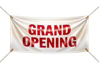 A white banner with red text that reads Grand Opening hangs from two strings against a white background. Generative AI