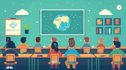 Illustration of diverse students in a classroom, attentively facing globe on the chalkboard. Bookshelves and educational decorations surround them.