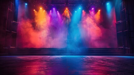 Colorful Stage with Dramatic Lighting and Smoke Effects in a Theater Setting