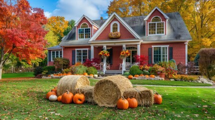 Suburban Cape Cod home wrapped in the vibrant colors of fall, with a front yard dotted with pumpkins and hay bales