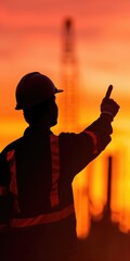 Silhouette of a construction worker wearing a hard hat pointing with the background of a vibrant sunset sky at a construction site.