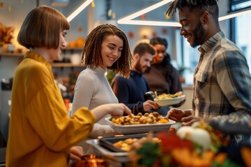 Diverse group of friends serving themselves at a festive buffet, decorated with autumn elements. Concept of Thanksgiving, Friendsgiving, and togetherness
