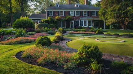 Fototapeta premium Suburban Colonial home's front yard, transformed into a miniature golf course for a family gathering