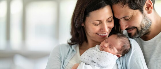 Obraz premium Loving parents holding their newborn baby and smiling together in a serene setting, capturing a precious family moment.