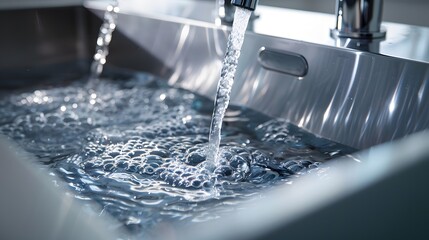 A stream of clean water flows into the stainless steel sink in blue tones. Sink plug hole close up macro. 