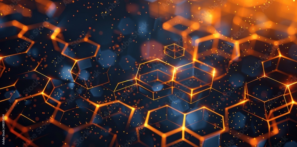 Poster a digitally created background with a hexagonal pattern featuring glowing orange lines and blue boke