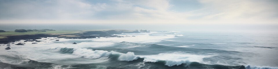 Wide panoramic photo of the ocean . Sea and blue sky