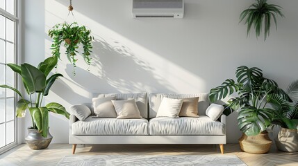 Modern Living Room with Indoor Plants and Natural Light Through Large Windows