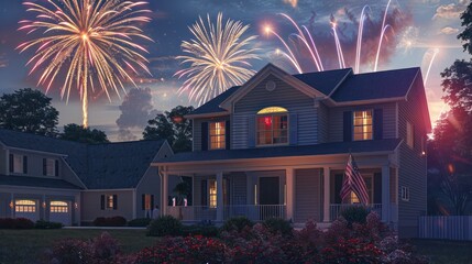 Suburban Colonial home during a festive Fourth of July celebration, complete with fireworks in the background