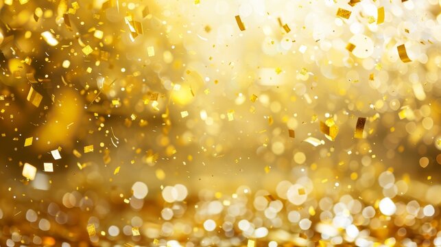Golden confetti burst on sparkling gold backdrop  ideal for celebrations, awards, parties