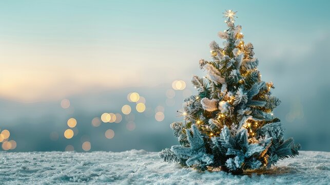 Xmas tree with snow decorated with garland lights, holiday festive background