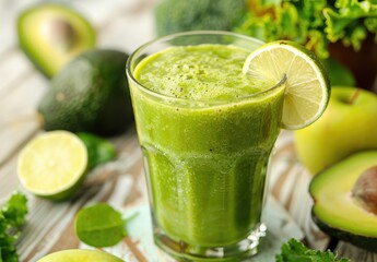 Fototapeta premium Fresh Green Smoothie with Avocado, Lime and Broccoli