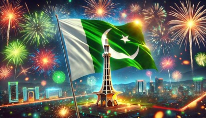 Pakistan Independence Day celebration background with  Minar e Pakistan and fireworks.