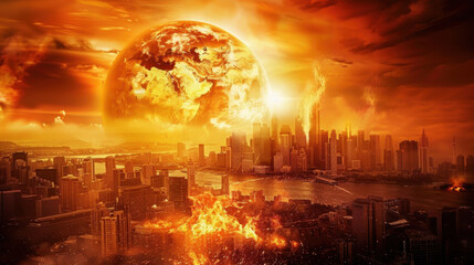 Apocalyptic scene of a city engulfed in fire with a fiery planet looming above