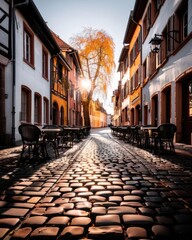 Charming European Town Square with Cobblestone Streets and Cafes