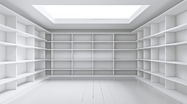 Realistic photo of versatile storage solutions with empty white built in shelves for organization