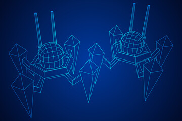 Fototapeta premium Spider robot with radar antenna. Nanobot, nanotechnology medical concept. Wireframe low poly mesh vector illustration