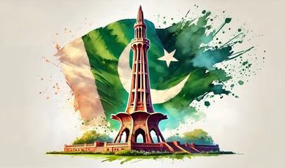 Watercolor painting for Pakistan Independence Day with the Minar e Pakistan and large waving flag.