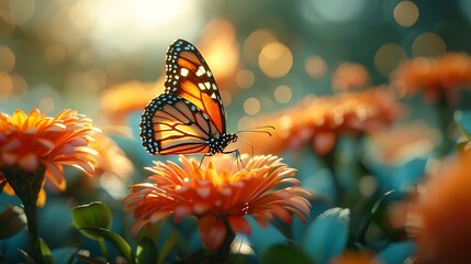 A tranquil butterfly garden, wide-angle view showing butterflies fluttering among colorful flowers. The soft light of dawn adds a serene, enchanting feel to the scene,