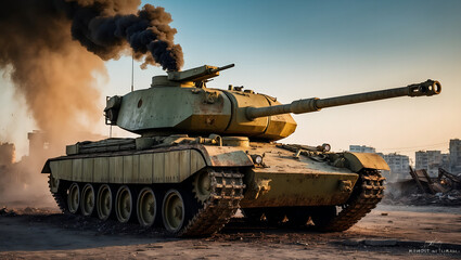 Fototapeta premium Majestic Military Fighter Tank in Ravaged Urban Landscape