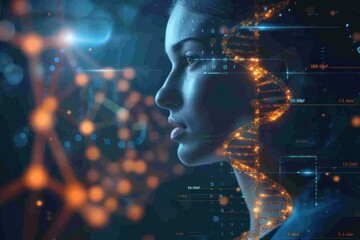 Profile of a woman with glowing DNA helix necklace against a futuristic blue and orange background