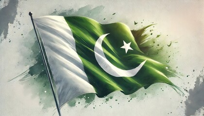 Watercolor illustration for Pakistan Independence Day with large waving flag.