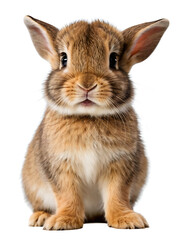 Obraz premium An adorable brown bunny with long ears sits attentively on a white background. Perfect for pet, Easter, or nature-themed content.