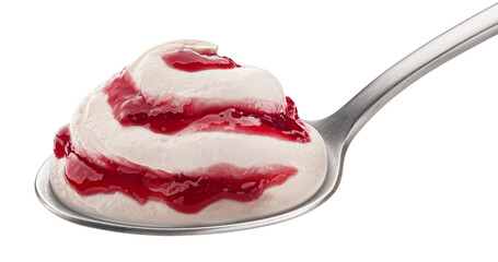 Spoon of yogurt with berry jam isolated on white background