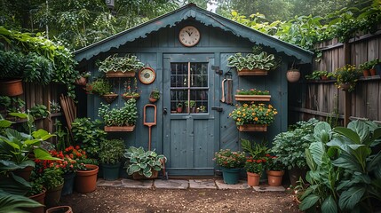 A tranquil garden setup, wide-angle view showing an inviting shed with tools and potted plants arranged around it. The natural light enhances the vibrant colors and textures of the plants,