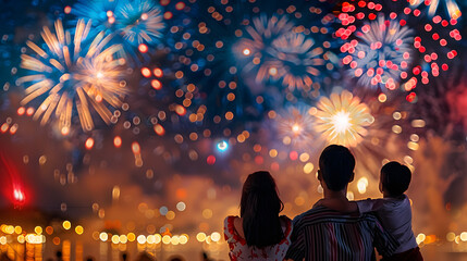 Family watching fireworks display, night, wide banner