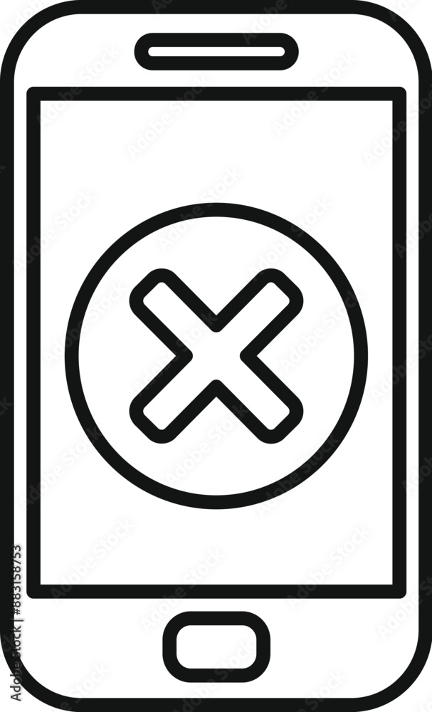 Poster line art style icon of a smartphone displaying a cross mark icon, indicating an error message or a p