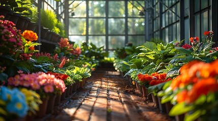 A wide-angle shot inside a greenhouse filled with healthy, thriving plants. The vibrant greenery and colorful flowers are illuminated by soft, natural light filtering through the glass.