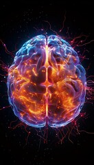 Realistic photo of human brain showing electrical activity with glowing neurons on black background