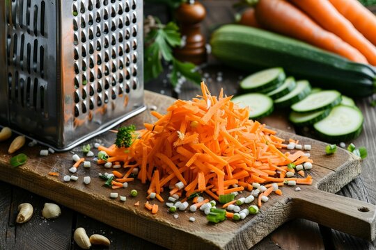 Rustic kitchen scene with a well-worn wooden cutting board and a sturdy metal vegetable grater