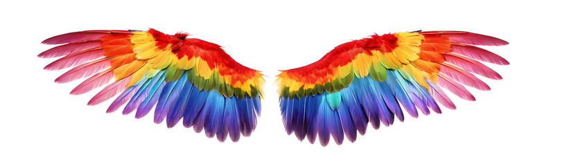 Obraz premium A pair of vibrant, rainbow-colored wings outstretched against a white background. Perfect for symbolizing freedom, diversity, or hope.