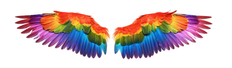 Fototapeta premium A pair of vibrant, rainbow-colored wings outstretched against a white background. Perfect for symbolizing freedom, diversity, or hope.
