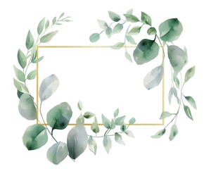 Fototapeta premium watercolor gold rectangular frame with eucalyptus, leaves and flowers, white background, pastel colors, minimalistic style