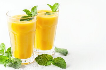 Fototapeta premium Two Glasses of Refreshing Mango Smoothie with Mint Garnish