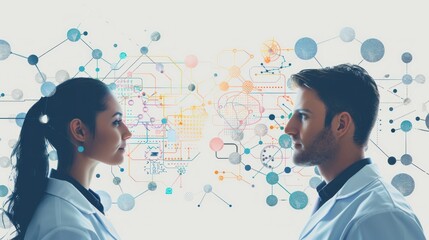 Two scientists in lab coats, a woman and a man, stand facing each other in front of an abstract network diagram