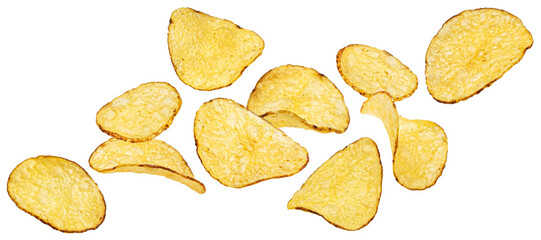 Falling kettle potato chips isolated on white background, full depth of field