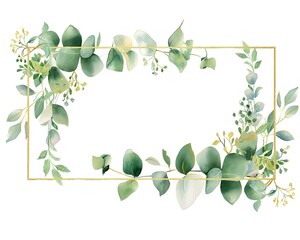 Obraz premium watercolor gold rectangular frame with eucalyptus, leaves and flowers, white background, pastel colors, minimalistic style