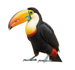 Naklejka premium A toucan, with its distinctive colorful beak and black plumage, perched against a white background. Ideal for nature, wildlife, or tropical-themed projects.