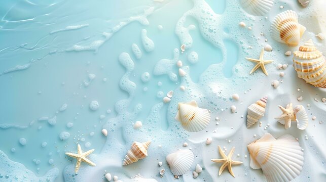 White beach background, light blue sea water, starfish and shells scattered on the sand, mobile phone wallpaper. The scene depicts a beach landscape in the style of minimal