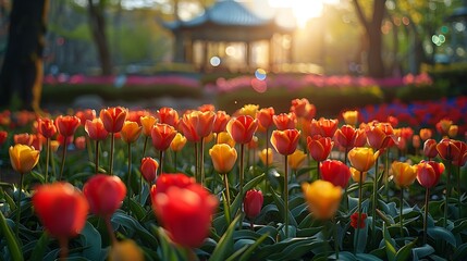 A wide-angle shot of a garden in spring, featuring a colorful array of flowers in full bloom. The sunlight illuminates the scene, highlighting the bright colors and delicate details of the petals.