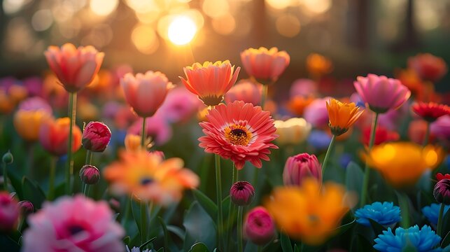 A wide-angle shot of a garden in spring, featuring a colorful array of flowers in full bloom. The sunlight illuminates the scene, highlighting the bright colors and delicate details of the petals.