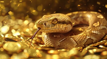 Obraz premium Detailed closeup of golden snake coiled among shimmering gold coins. scene reflects themes of wealth, opulence, and prosperity with striking gold tones and intricate snake patterns.