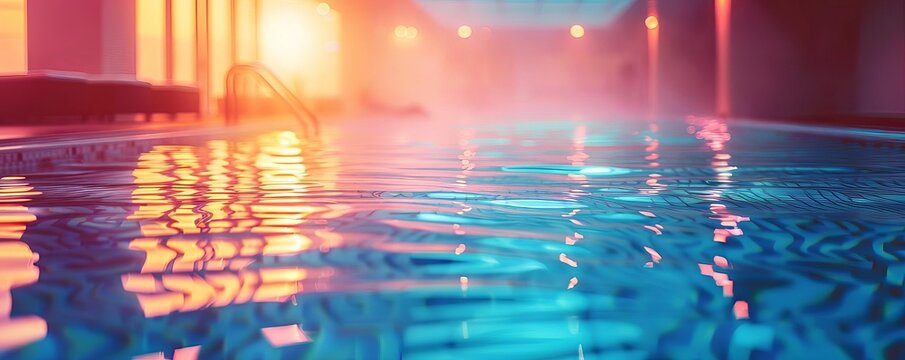 Indoor pool and gym at luxury spa, close up, focus on, copy space, bright refreshing hues, Double exposure silhouette with swimming and fitness routines