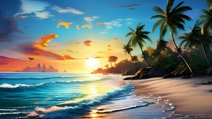 Beautiful hot summer day with waves, palm trees, ocean sky and sun day and night.