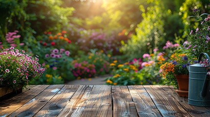 A wide-angle shot of a rustic wooden table with garden tools neatly arranged. The tools, including a trowel, spade, and watering can, are highlighted by soft sunlight.