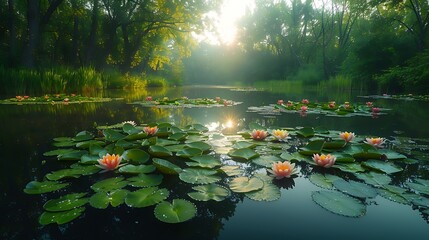 A wide-angle shot of a serene garden pond with lily pads floating on the water and blooming flowers surrounding the pond. The soft sunlight filters through the trees,